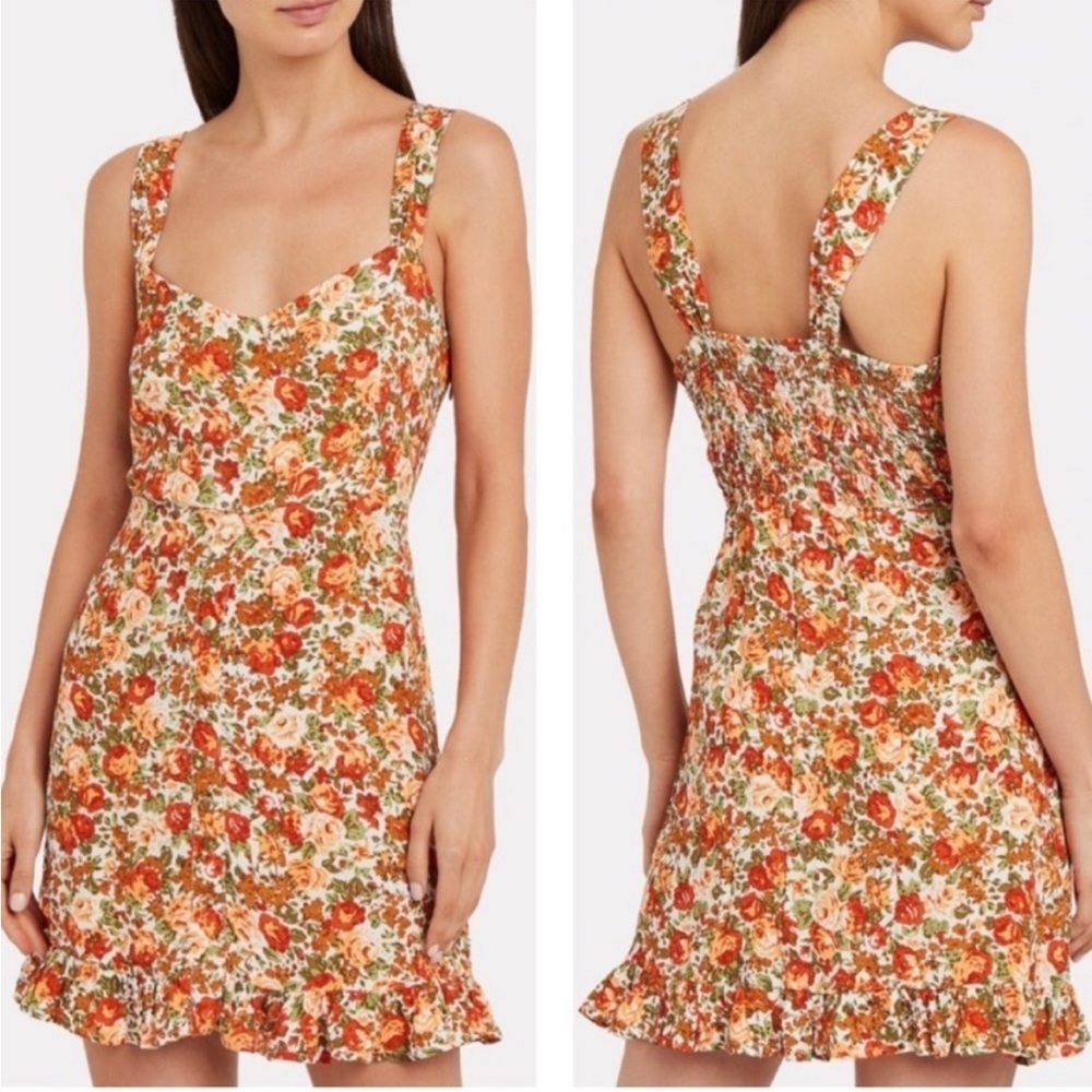 FAITHFUL THE BAND Lou Lou Mini Dress‎ Sz 2 Sweetheart neckline Orange Tan Floral